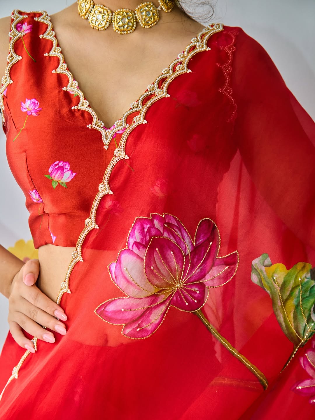Fancy scalloped lace border red designer saree