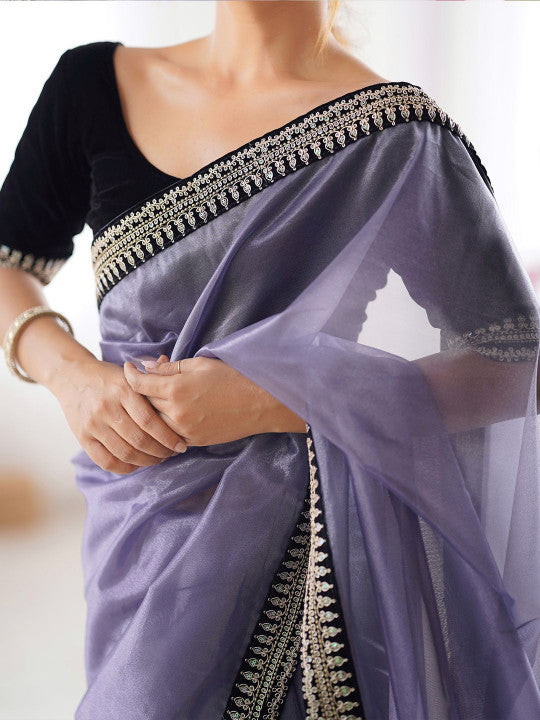 Elegant levender organza saree embroidered border