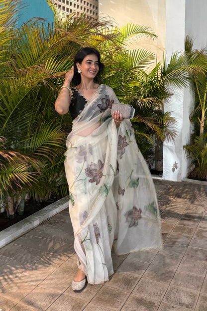 Fancy scalloped lace border design with golden detailing saree