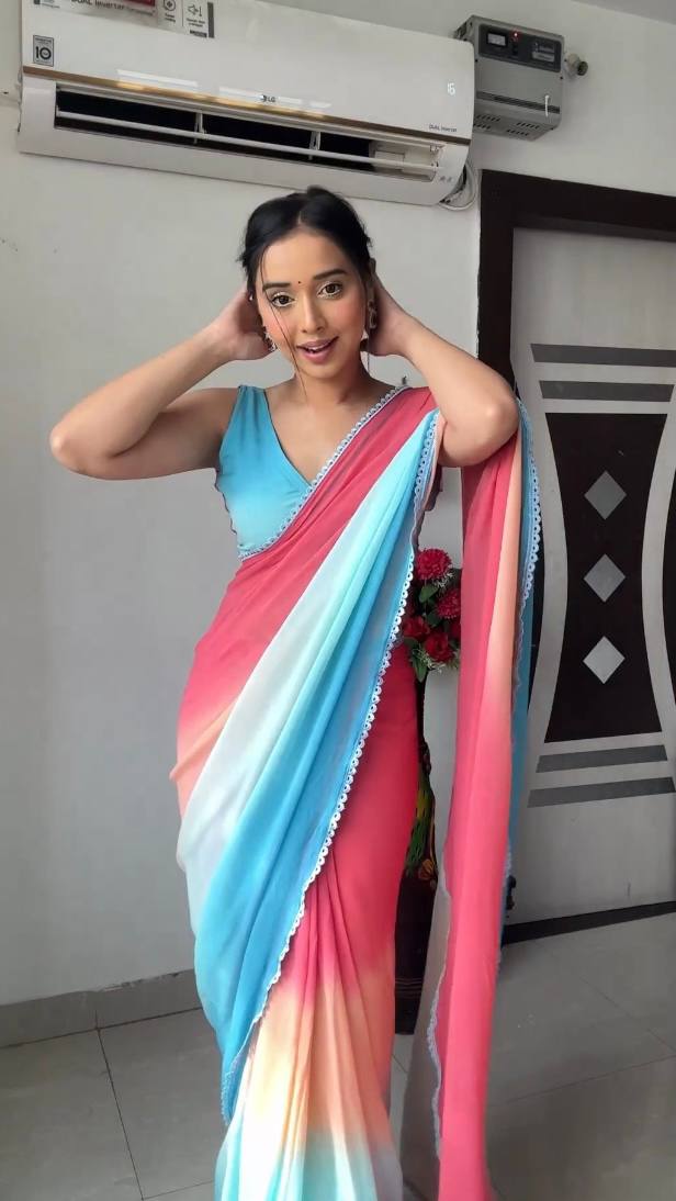 Sky blue & peach gradient georgette saree with golden weaving border