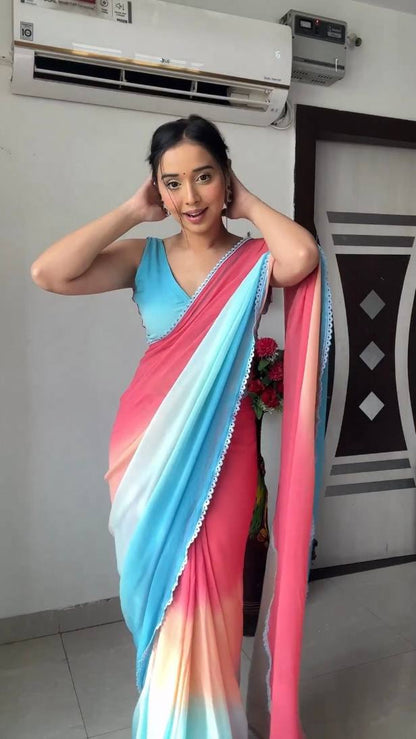 Sky blue & peach gradient georgette saree with golden weaving border