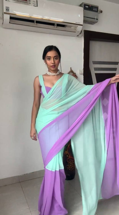 Mint green & purple soft georgette saree with stylish gradient design