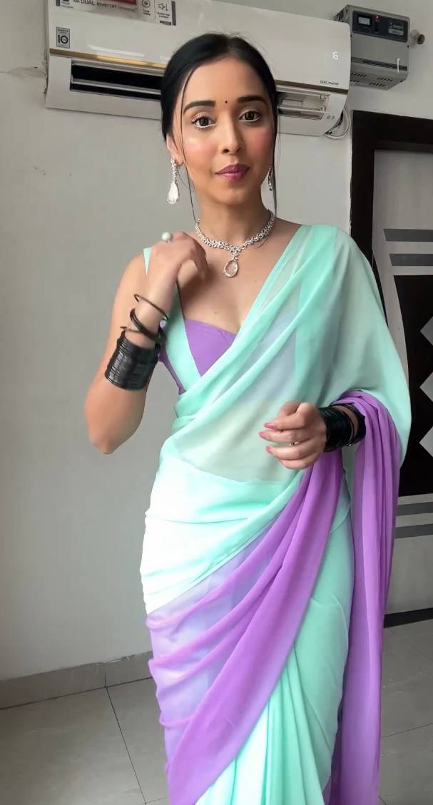 Mint green & purple soft georgette saree with stylish gradient design