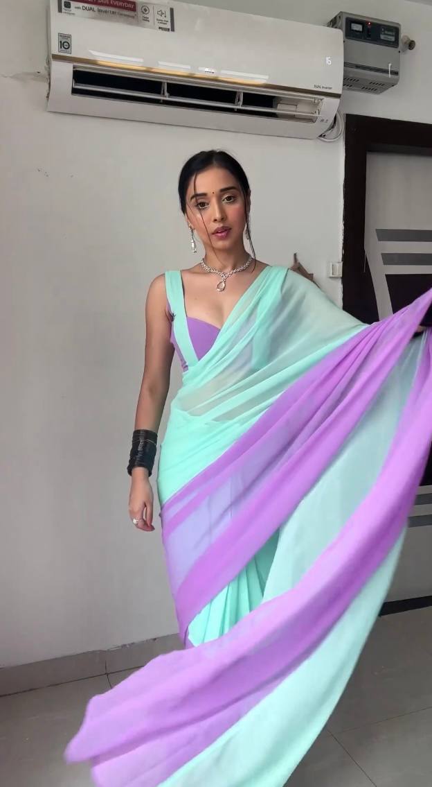 Mint green & purple soft georgette saree with stylish gradient design