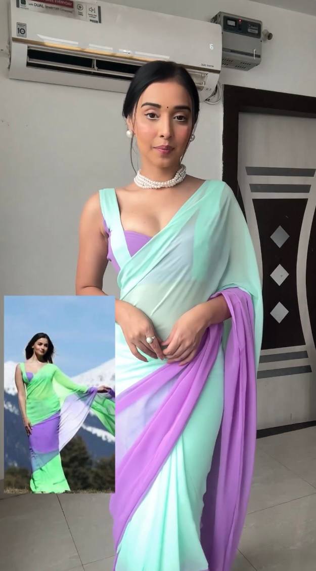 Mint green & purple soft georgette saree with stylish gradient design