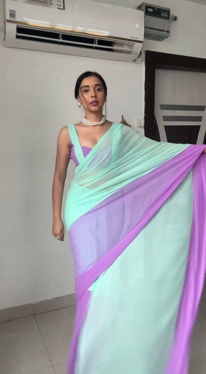 Mint green & purple soft georgette saree with stylish gradient design