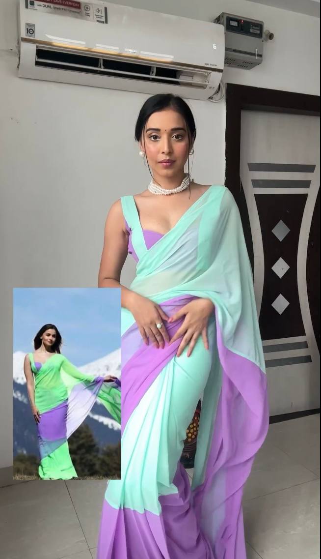 Mint green & purple soft georgette saree with stylish gradient design