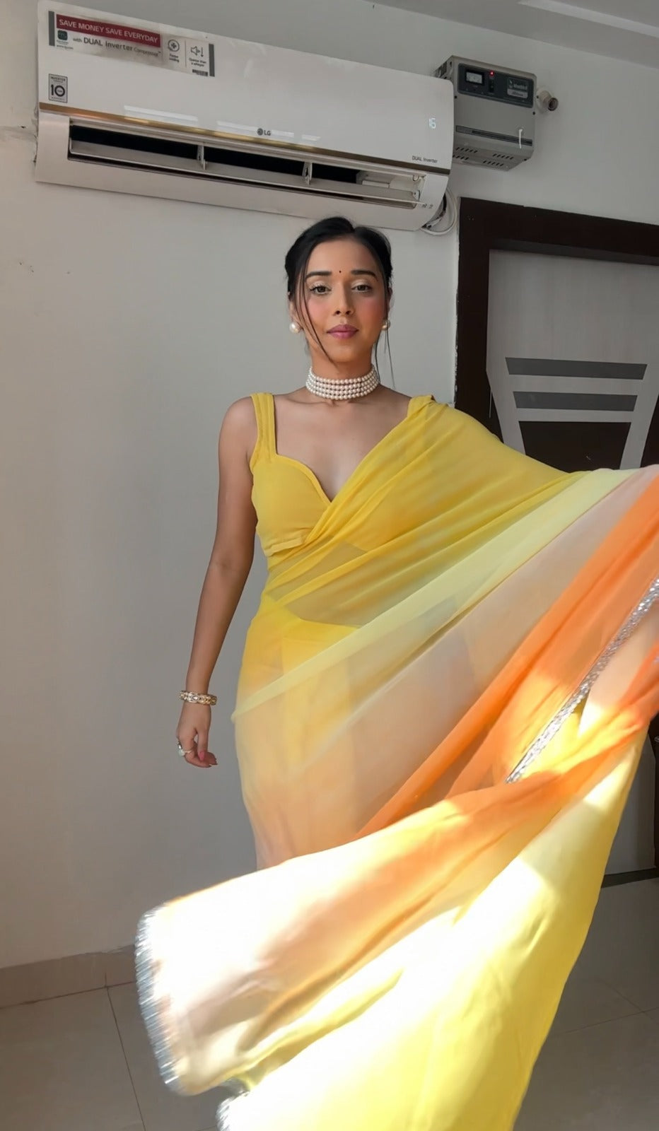 Yellow & orange gradient georgette saree
