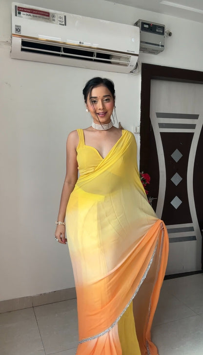 Yellow & orange gradient georgette saree