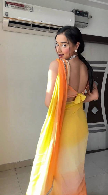 Yellow & orange gradient georgette saree