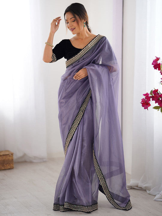 Elegant levender organza saree embroidered border