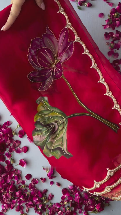 Fancy scalloped lace border red designer saree