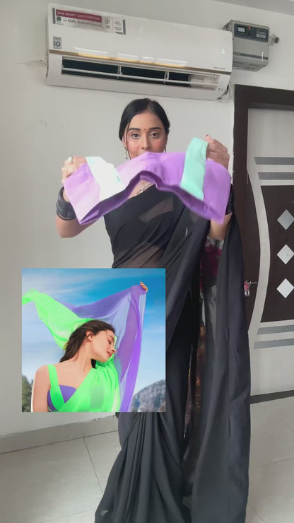 Mint green & purple soft georgette saree with stylish gradient design