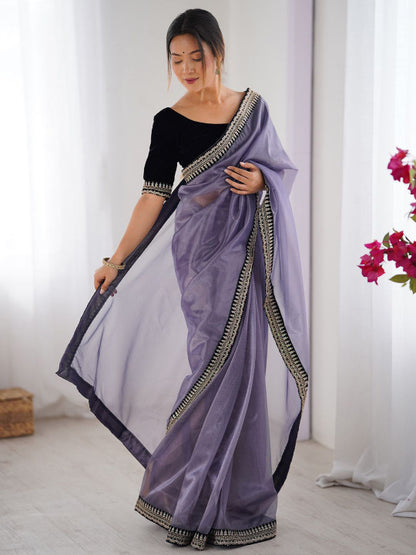 Elegant levender organza saree embroidered border